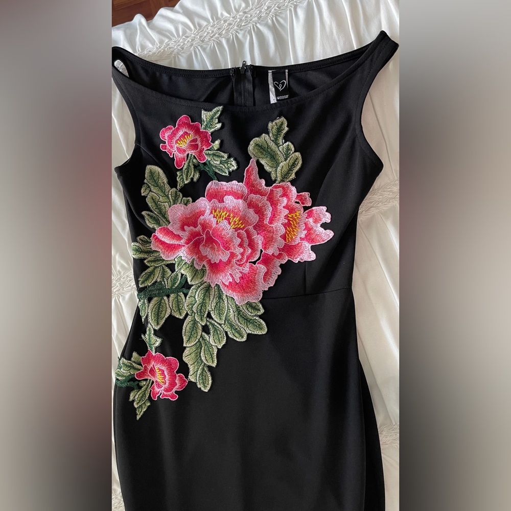 Elegant Black Dress with Pink Floral Embroidery